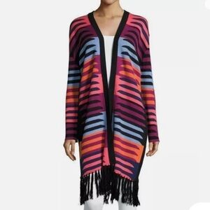 Mara Hoffman multicolor-striped fringe longline open front cardigan.
